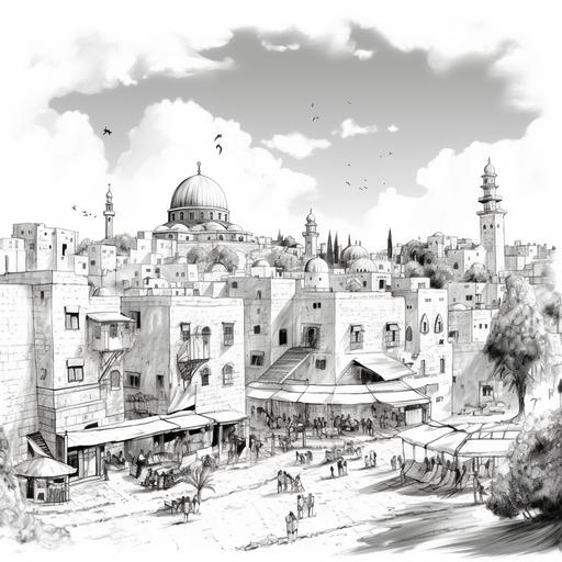 jerusalem city urban sketch black and white illustration