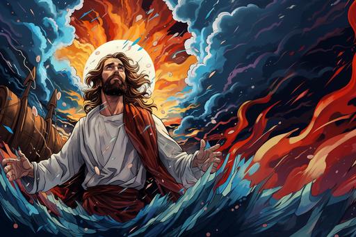 jesus calms the storm colorful cartoon --ar 3:2
