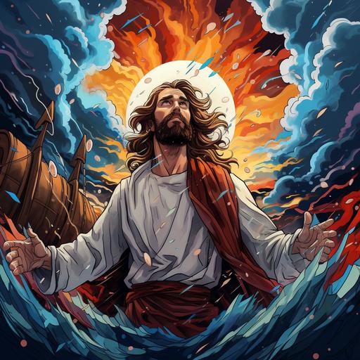 jesus calms the storm colorful cartoon