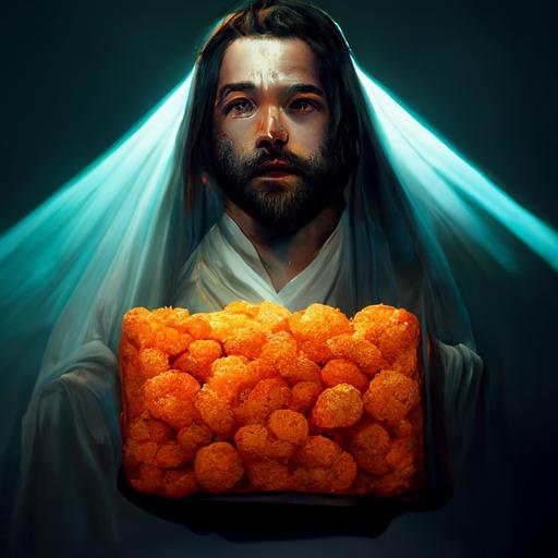 jesus christ offering viewer bag of cheeto puffs in 4k awesome lighting glorious imagery