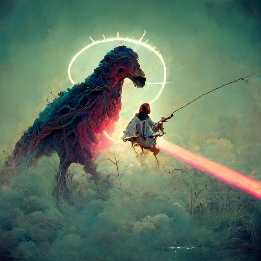 jesus riding a dinosaur, shooting laserbeams from eyes