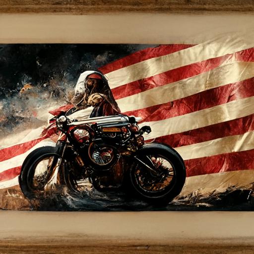 jesus riding motorbike, usa flag, whiskey, gun, realistic, insane details