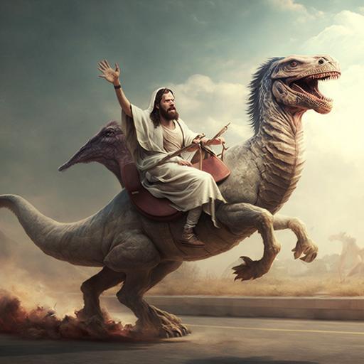 jesus riding on a dinosaur's velociraptor back on number 66 road, ar 3:2 --v 4 --s 750