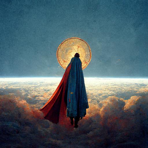 jesus wearing superman costume floating above earth billowing cape