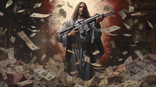 jesus with guns and millions of dollars in cash --ar 16:9