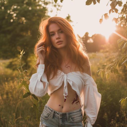 jeune femme 25 ans rousse yeux vert pantalon jeans déchiré chemise blanche ouverte brandit une hache avec du sang des feuilles tourbillonnent autour d'elle soleil couchant --v 6.0 --style raw