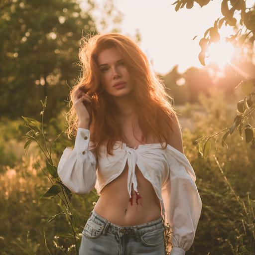 jeune femme 25 ans rousse yeux vert pantalon jeans déchiré chemise blanche ouverte brandit une hache avec du sang des feuilles tourbillonnent autour d'elle soleil couchant --v 6.0 --style raw