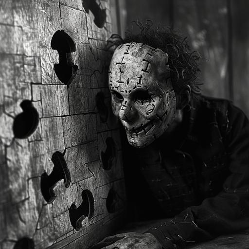 jigsaw reimagined as a character from a universal style horror film 1935 year, live action, realism, black and white image, aged image, vhs style image, 35 mm, low resolution, horror film scene, universal monsters atmosphere, vhs frame , 1930s frame, black and white frame, volumetric, low budget movie, 1930s sfx, panoramic --v 6.0