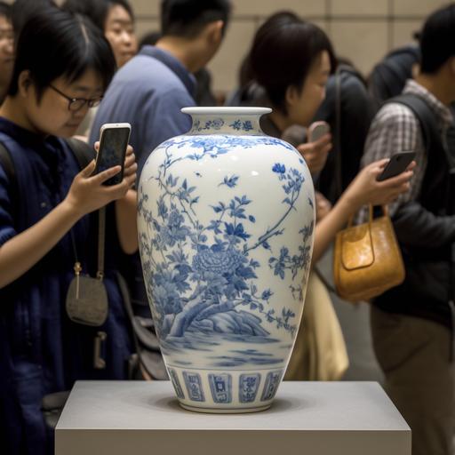 jingdezhen blue and white porcelain vase with painting of people looking at phones on the subway on it