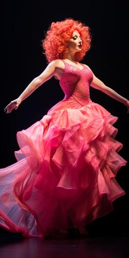 jinkx monsoon in a poofy 80s pageant dress, campy, fun, silly, avant garde, stage lighting, DSLR --style raw --s 250 --ar 1:2