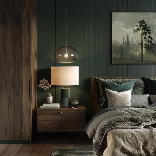 dark wood furniture and floor bedroom, forest green decor, oak lamp, high resolution 8k --v 6.0