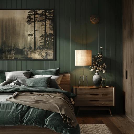 dark wood furniture and floor bedroom, forest green decor, oak lamp, high resolution 8k