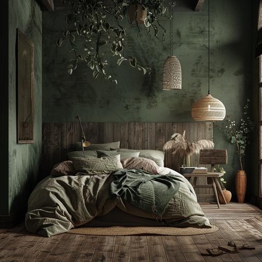 dark wood furniture and floor bedroom, forest green decor, oak lamp, high resolution 8k