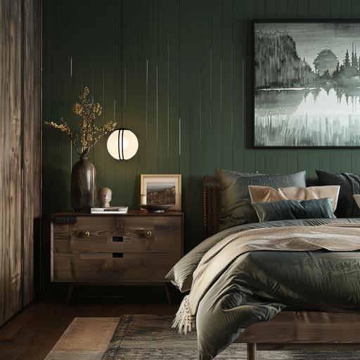 dark wood furniture and floor bedroom, forest green decor, oak lamp, high resolution 8k