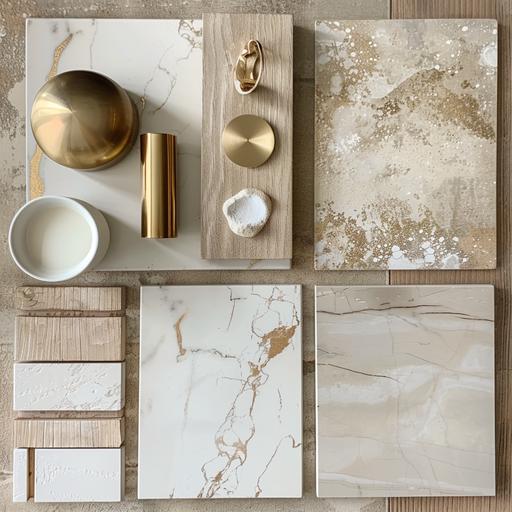 mood board,,white base, light oak wood, beige tile with gold details, zermat quartzite, gold pull