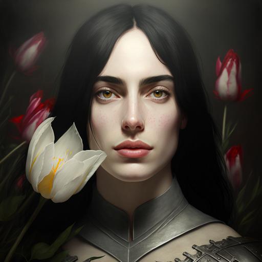 joan of arc, big lips, black hair, lily flower