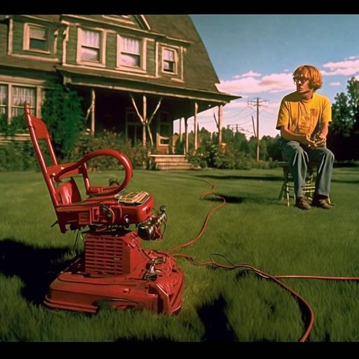 jobe smith from the movie The Lawnmower Man. American style house. table in the garden with two chairs. landline phone on the table. phone rings. no one answers the phone. red phone. jobe using lawn mower like the picture. no one sitting on the chairs.