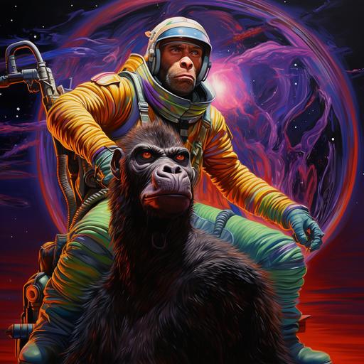 joe Rogan , floating in outer space riding a donkey , nasa , space suit, man on the moon , apes , planet of the apes . Surrealism. Neon glow reflected