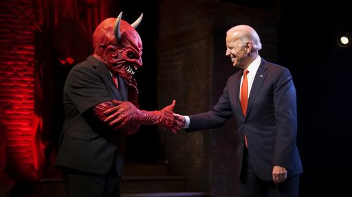 joe biden shaking hands with a big red cartoon devil. The american flag is burning. off-broadway --ar 16:9