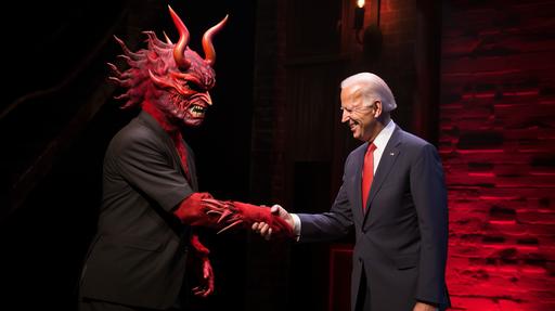 joe biden shaking hands with a big red cartoon devil. The american flag is burning. off-broadway --ar 16:9