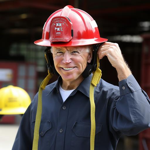 joe biden wearing a fireman's hat