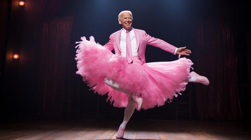 joe biden wearing a pink ballerina costume and dancing off-broadway --ar 16:9
