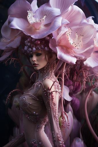 a alien fairy model, photoshoot between huge alien flowers, newest alien feen collection a alien faerietale couture --ar 2:3