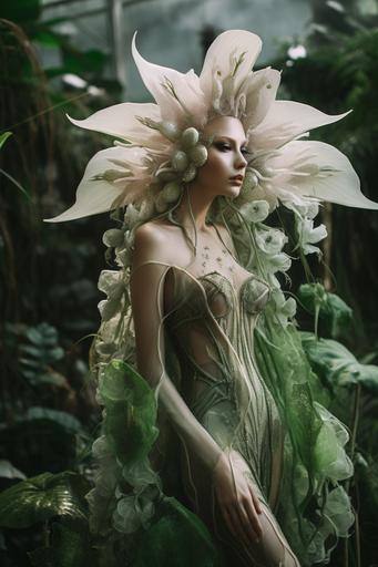 a alien fairy model, photoshoot between huge alien flowers, newest alien feen collection a alien faerietale couture --ar 2:3