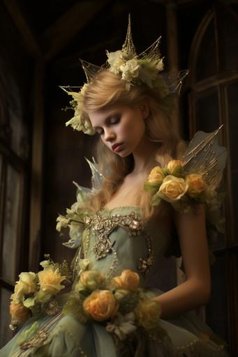 a fairy model photoshoot between huge flowers newest feen collection a faerietale couture --ar 2:3