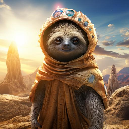 funny Alien sloth wizard on a alien planet, cinematic lighting, light atmospherics, 16k, hdr, sunshine --v 5.2