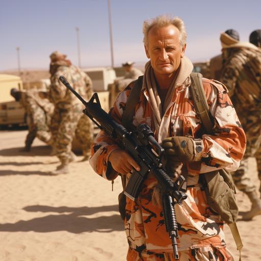 johann wolfgang von goethe in desert storm camo jumpsuit with an ar-15 in his hand in a desert combat scenario