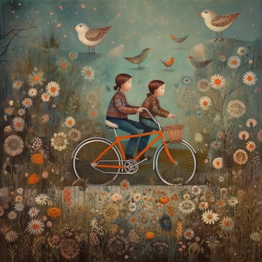 john bower artist painting style , flat print with big Swedish flowers and kids illustration in nordic magical style ride on birds between the flowers --v 5.0 --s 250