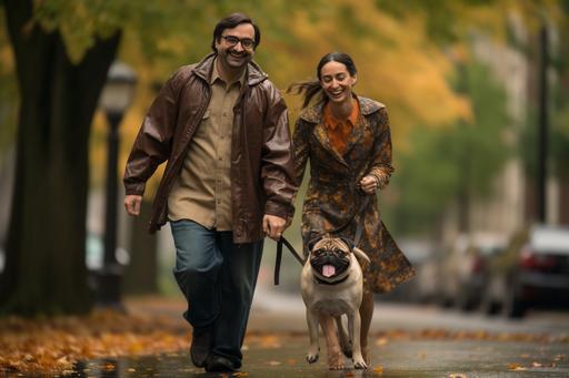 john oliver is walking his middle aged pug along a street on the upper west side of NYC during a fall rain. The dog is wearing a paisley sweater, and john is smiling absentmindedly at a beautiful woman across the street --ar 6:4