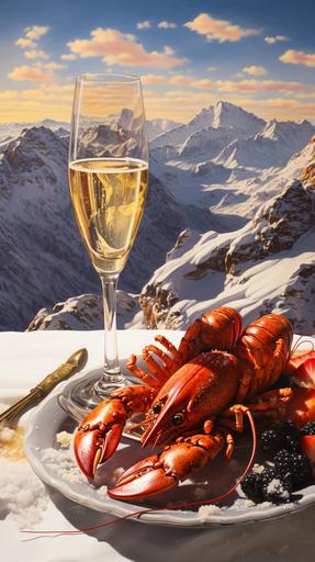 There is lobster on a plate, next to it a glass of champagne, while in the background you can see military is fighting in the alps, --ar 9:16