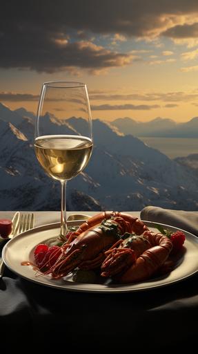 There is lobster on a plate, next to it a glass of champagne, while in the background you can see the Alps and the apocalypse including military jets, --ar 9:16