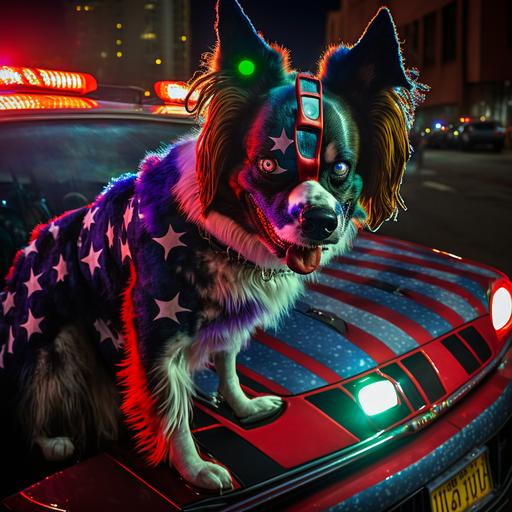 joker dog, joker the batman dog, clown outfit red suit, joker outfit, smile, dog face, face painting, full body, joker shoes, dog face, madness, on top of the batmobile, the batman car, batmobile, on top of the batman's car, clown suit, in the city with cyberpunk led lights, cyberpunk, eyes, led lights, led eyes, leds, cyberpunk world, in the city, led signs, cyberpunk lights, cyberpunk world --v 4 --q 2