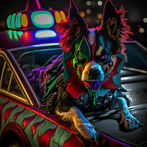 joker dog, joker the batman dog, clown outfit red suit, joker outfit, smile, dog face, face painting, full body, joker shoes, dog face, madness, on top of the batmobile, the batman car, batmobile, on top of the batman's car, clown suit, in the city with cyberpunk led lights, cyberpunk, eyes, led lights, led eyes, leds, cyberpunk world, in the city, led signs, cyberpunk lights, cyberpunk world --v 4 --q 2