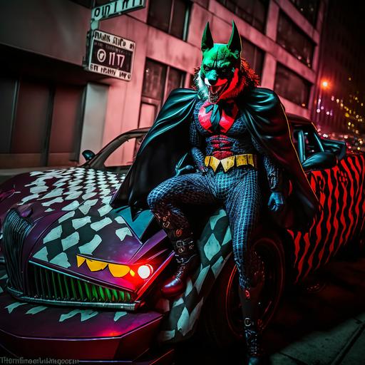 joker dog, joker the batman dog, clown outfit red suit, joker outfit, smile, dog face, face painting, full body, joker shoes, dog face, madness, on top of the batmobile, the batman car, batmobile, on top of the batman's car, clown suit, in the city with cyberpunk led lights, cyberpunk, eyes, led lights, led eyes, leds, cyberpunk world, in the city, led signs, cyberpunk lights, cyberpunk world --v 4 --q 2