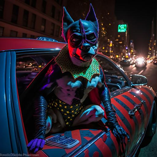 joker dog, joker the batman dog, clown outfit red suit, joker outfit, smile, dog face, face painting, full body, joker shoes, dog face, madness, on top of the batmobile, the batman car, batmobile, on top of the batman's car, clown suit, in the city with cyberpunk led lights, cyberpunk, eyes, led lights, led eyes, leds, cyberpunk world, in the city, led signs, cyberpunk lights, cyberpunk world --v 4 --q 2