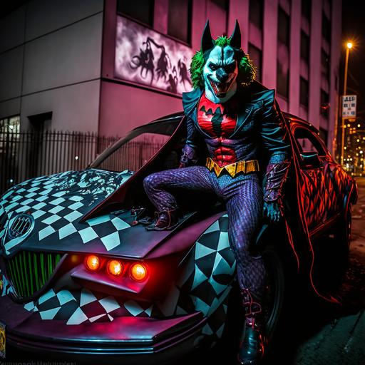 joker dog, joker the batman dog, clown outfit red suit, joker outfit, smile, dog face, face painting, full body, joker shoes, dog face, madness, on top of the batmobile, the batman car, batmobile, on top of the batman's car, clown suit, in the city with cyberpunk led lights, cyberpunk, eyes, led lights, led eyes, leds, cyberpunk world, in the city, led signs, cyberpunk lights, cyberpunk world --v 4 --q 2