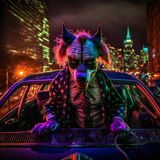 joker dog, joker the batman dog, red suit clown outfit, joker outfit, smile, face painting, whole body, joker shoes, dog face, madness, on top of the batmobile, car the batman, batmobile, on top of the the batman car, clown suit, in the city with cyberpunk led lights, cyberpunk, eyes, led lights, led eyes, leds, cyberpunk world, in the city, led signs, cyberpunk lights, cyberpunk world --v 4 --q 2