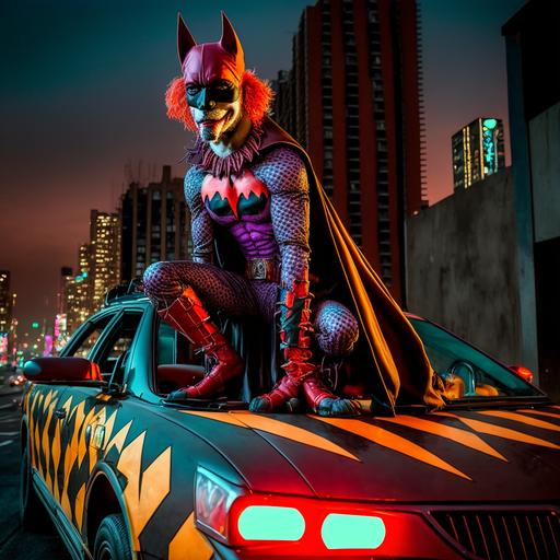 joker dog, joker the batman dog, red suit clown outfit, joker outfit, smile, dog face, face painting, full length, joker shoes, dog face, insanity, on top of the batmobile roof, riding on top the batman car, batmobile, on top of the batman car, clown suit, in the city with cyberpunk led lights, cyberpunk, eyes, led lights, led eyes, leds, cyberpunk world, in the city, led signs, lights cyberpunk, cyberpunk world --v 4 --q 2