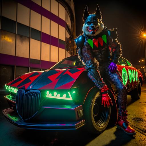 joker dog, joker the batman dog, red suit clown outfit, joker outfit, smile, face painting, whole body, joker shoes, dog face, madness, on top of the batmobile, car the batman, batmobile, on top of the the batman car, clown suit, in the city with cyberpunk led lights, cyberpunk, eyes, led lights, led eyes, leds, cyberpunk world, in the city, led signs, cyberpunk lights, cyberpunk world --v 4 --q 2