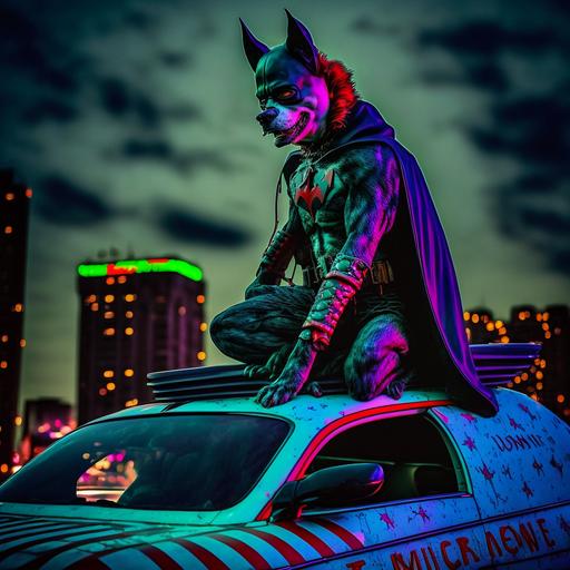 joker dog, joker the batman dog, red suit clown outfit, joker outfit, smile, dog face, face painting, full length, joker shoes, dog face, insanity, on top of the batmobile roof, riding on top the batman car, batmobile, on top of the batman car, clown suit, in the city with cyberpunk led lights, cyberpunk, eyes, led lights, led eyes, leds, cyberpunk world, in the city, led signs, lights cyberpunk, cyberpunk world --v 4 --q 2