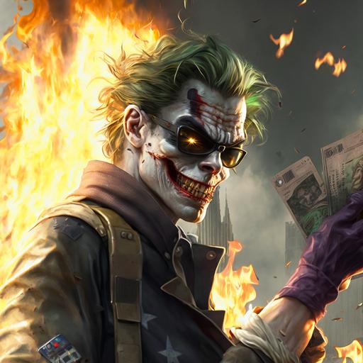joker wearing oakley juliet sunglasses with gold lens holding money pouches and a bank on fire in the background, --v 4