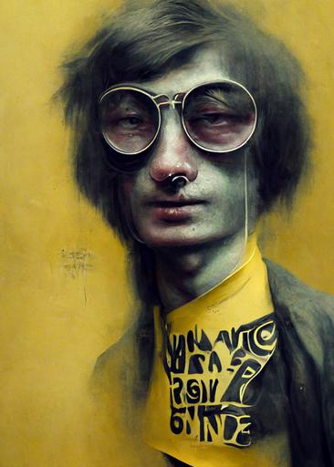 https://s.mj.run/t9iWm7  joking imagine-era john lennon charming pose, full body wide shot photograph c1968 ::6, round glasses ::4 wry grin ::4 saville row background::1 hazy low key highly detailed grisaille painting ::8 vivid fluorescent yellow spray paint spatter drip electroclash design ::5 street art punk poster style ::7 geometric graphic illustration ::2 psychedelic Dadaism::2 —no monochrome --w 320 --h 448 --uplight