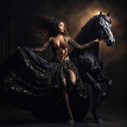 jolie jeune femme noire qui danse sur beyoncé avec un cheval et de la lumière de spectacle