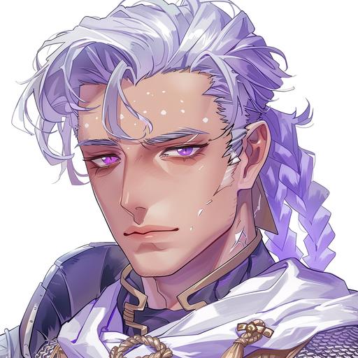 Male, face of a boy in his mid-20s, skin color purple, with white freckles, purple eyes, has one eye closed and another open, short well-groomed beard with a small braid on his chin, silvery white hair all wrapped in a large braid pulled back, wears normal fantasy armor with light colors, 3/4 face position, anime style, white background.