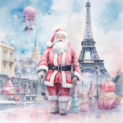 jolly santa in paris, abstract watercolor art style, pink santa suit, tiffany blue, and pastel colors.