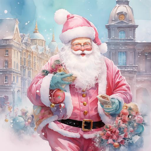 jolly santa in paris, abstract watercolor art style, pink santa suit, tiffany blue, and pastel colors.